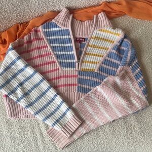 STAUD Pink Multi-Stripe Cropped Half-Zip Sweater